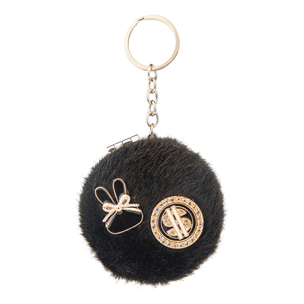 Plush Compact Mirror Keychain, Round Fluffy Pocket Makeup Mirror with Cute Charm Design, 95% High Clarity Folding Mirror for Women, Girls, Travel, Purse, Bag Charm Gift (75mm)