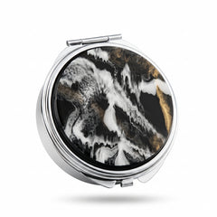 Round Pill Organizer with Mirror, 6 cm Compact Travel Pill Box with Acetate Acrylic Inlay, Metal Frame, ABS Compartments & Glass Mirror, Daily Medication and Vitamin Case for Women and Men