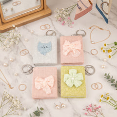 Fabric Rectangular Compact Mirror Keychain - Cute 3D Bow & Cat Patch Double-Sided Folding Travel Mirror - Soft Pocket Bag Charm Vanity Mirror for Women & Girls 🐱🎀