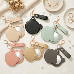 Litchi Grain PU Leather Bear-Head Shaped Compact Mirror Keychain - Multi-Color Cute HD Swivel Folding Travel Mirror