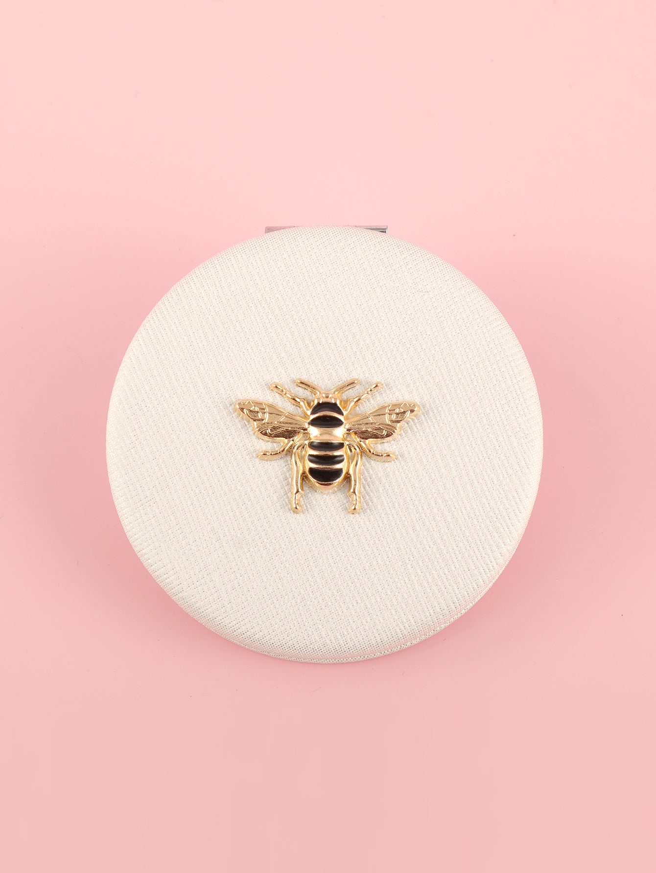 Vintage honeybee PU leather compact mirror with gold-tone bee emblem and double-sided glass