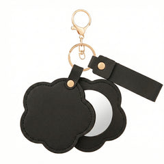 Flower-Shaped PU Leather Compact Mirror Keychain - Multi-Color Cute HD Swivel Folding Travel Mirror
