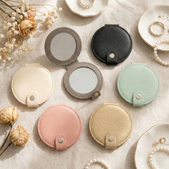 Litchi Grain PU Leather Round Compact Mirror with Snap Button Closure - Multi-Color Cute Double-Sided Folding Travel Mirror