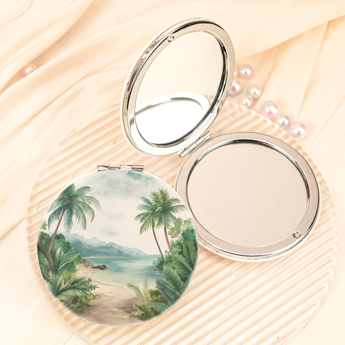 Tropical Beach Palm Tree Compact Mirror Round PU Leather Folding Pocket Mirror Dual Sided Metal Cosmetic Mirror Island Vacation Vanity