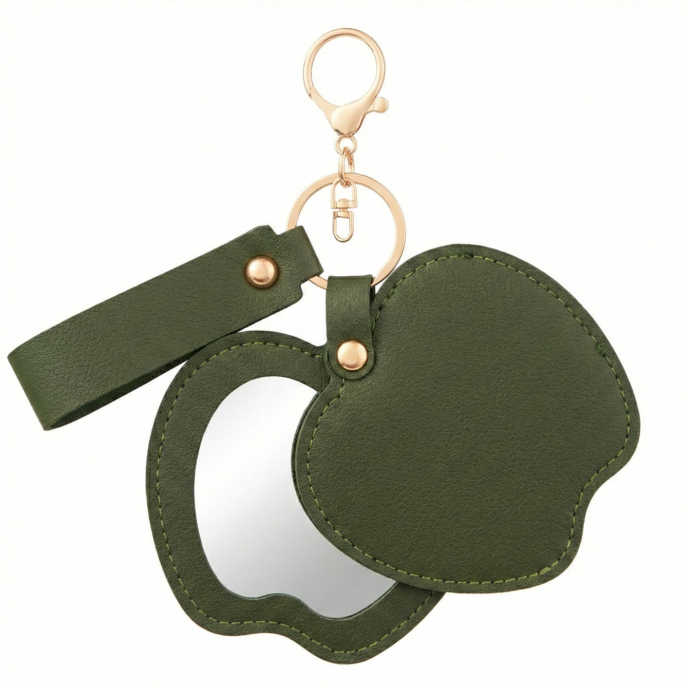 Apple-shaped PU leather compact mirror keychain with double-sided glass and swivel folding design