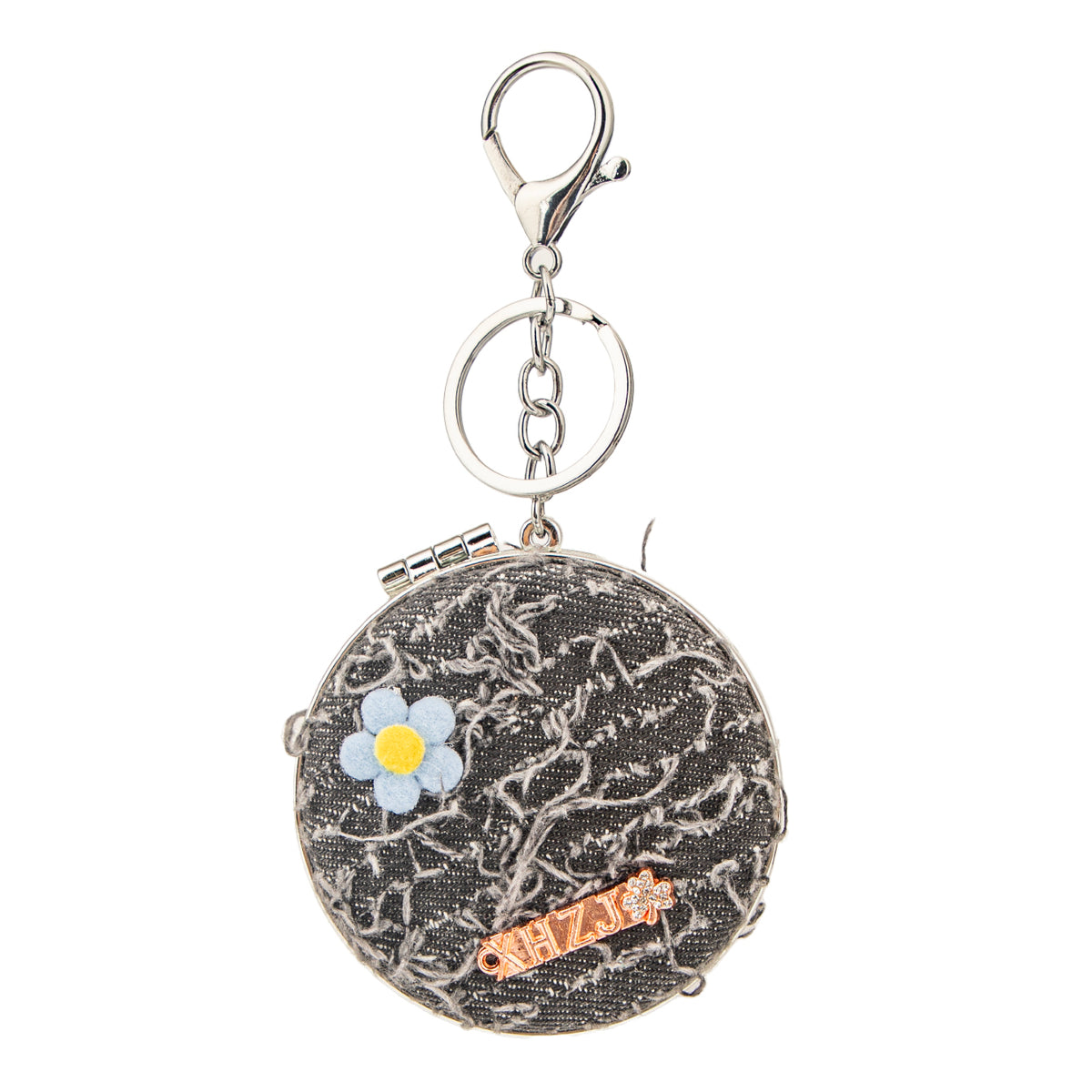 Denim Compact Mirror Keychain, Round Portable Makeup Mirror with Cute Flower Design, 95% High Clarity Folding Pocket Mirror for Women, Girls, Travel, Purse, Bag Charm(75*75mm)