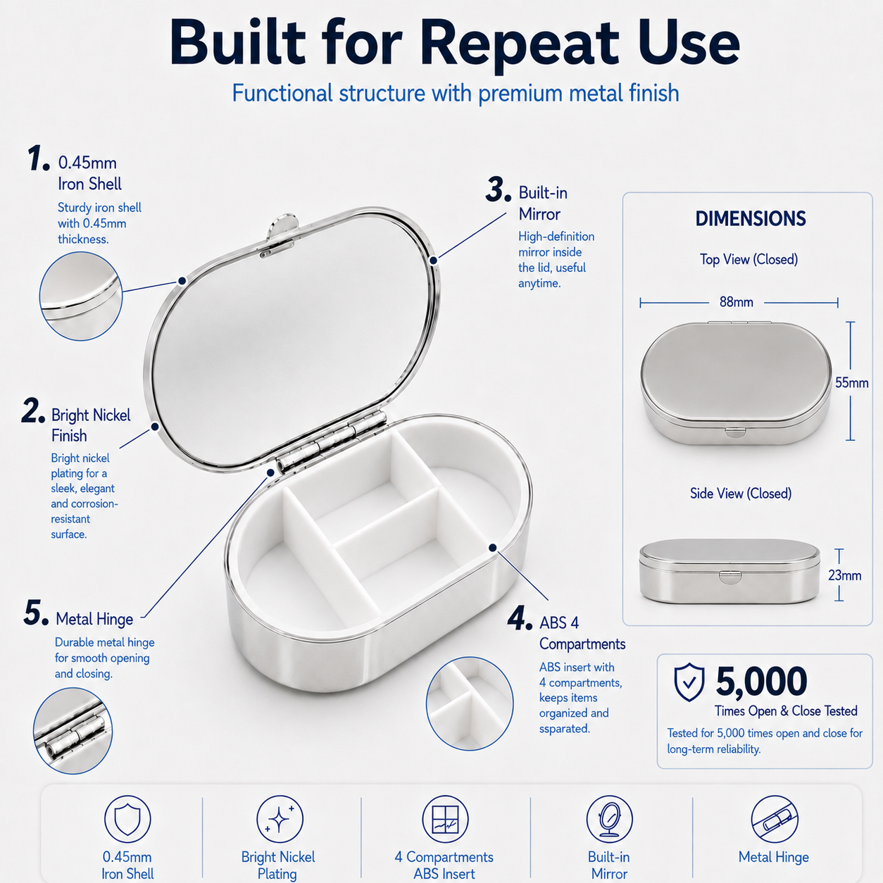 55 x 88 x 23 mm oval metal pill organizer with mirror, four ABS compartments and metal hinge