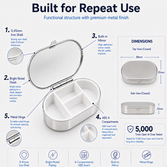 55 x 88 x 23 mm oval metal pill organizer with mirror, four ABS compartments and metal hinge