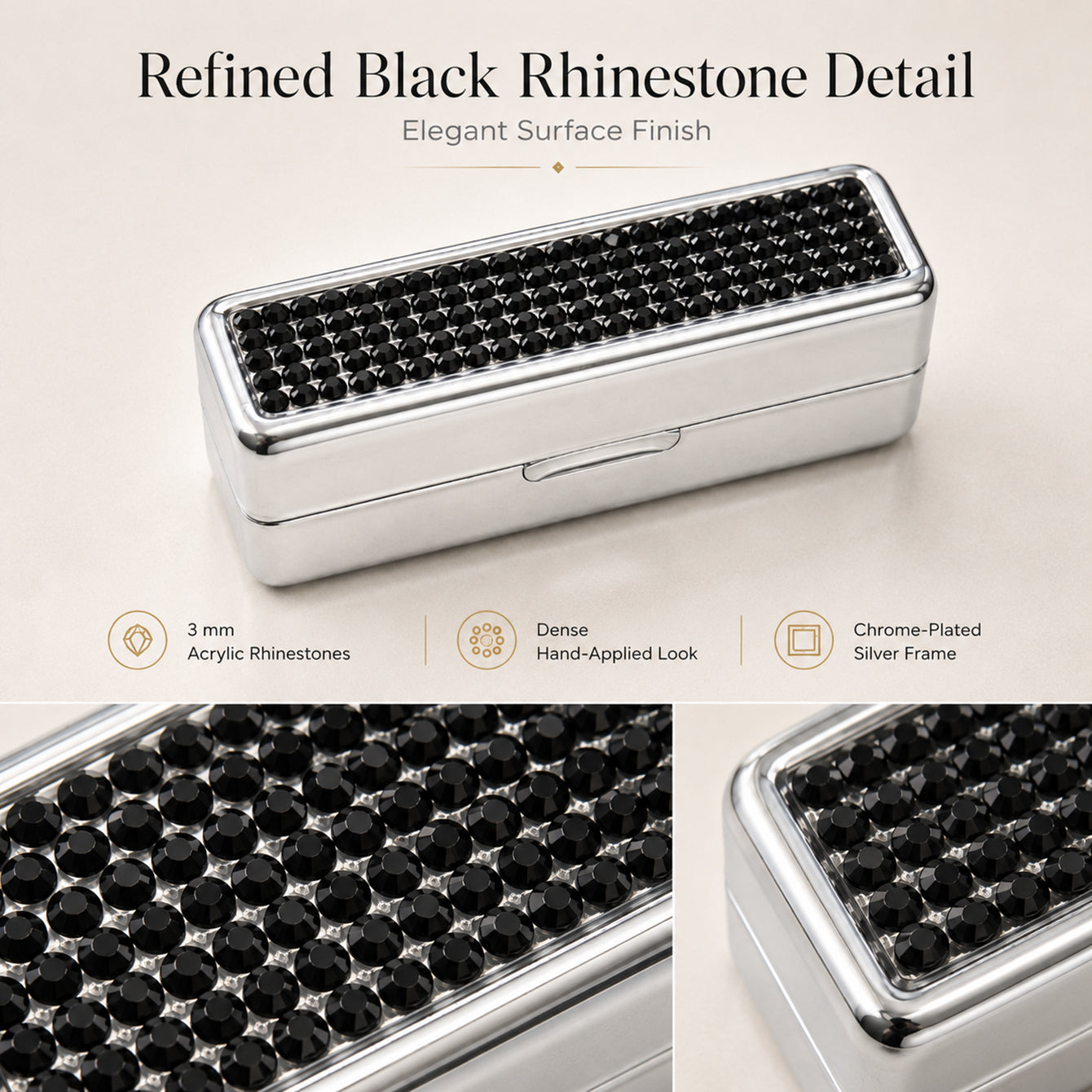 Close-up detail of 3mm black acrylic rhinestones on lipstick case