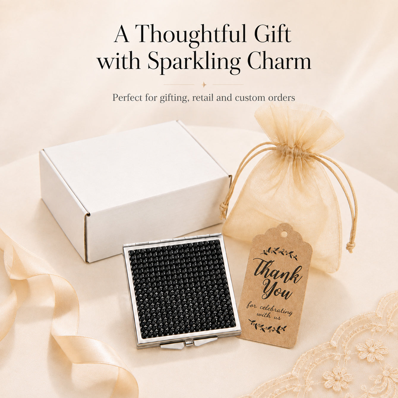 Black acrylic rhinestone compact mirror gift packaging