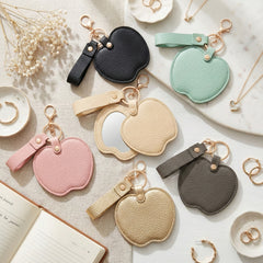 Litchi Grain PU Leather Apple-Shaped Compact Mirror Keychain - Multi-Color Cute HD Swivel Folding Double-Sided Travel Mirror
