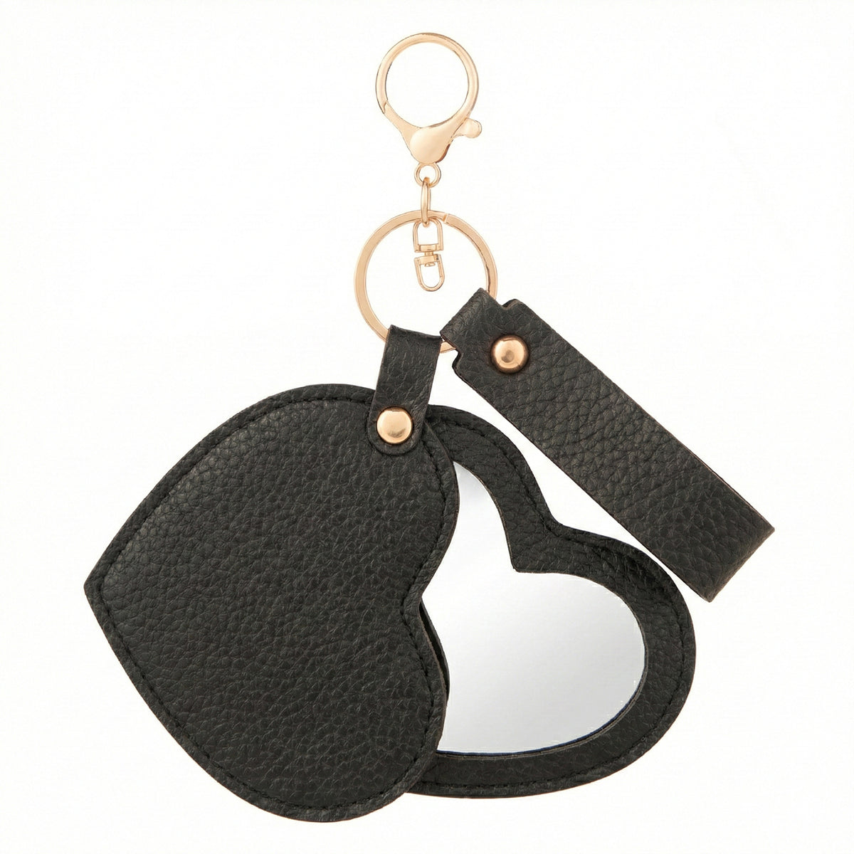 Litchi Grain PU Leather Heart-Shaped Compact Mirror Keychain - Multi-Color Cute HD Swivel Folding Double-Sided Travel Mirror