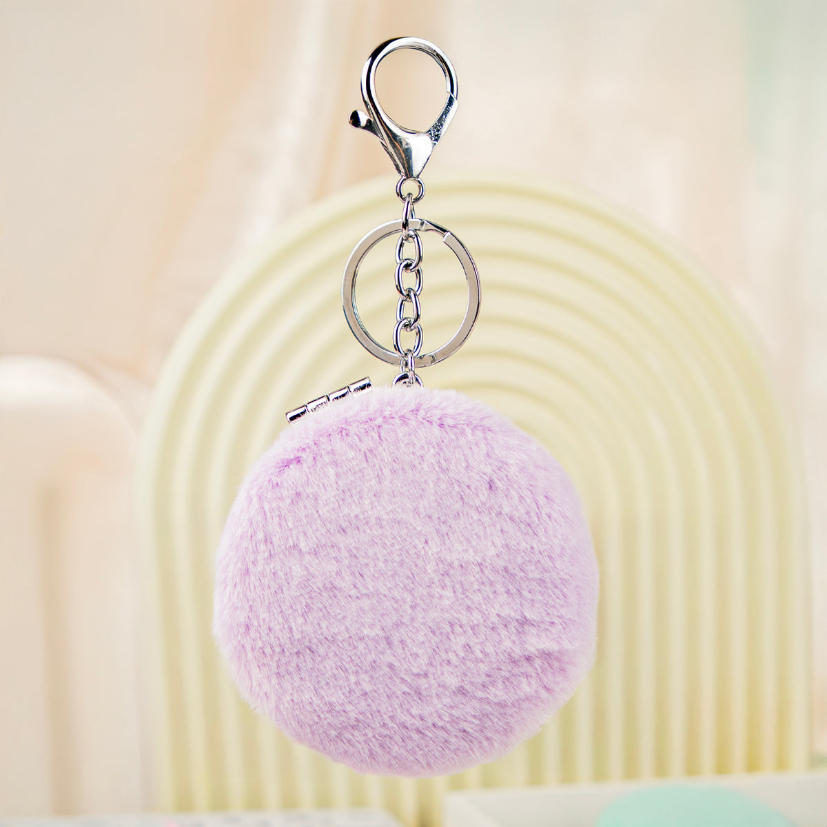 Round Plush Compact Mirror Keychain, Double-Sided Pocket Makeup Mirror with Soft Faux Fur Cover, Portable Travel Cosmetic Mirror for Women & Girls