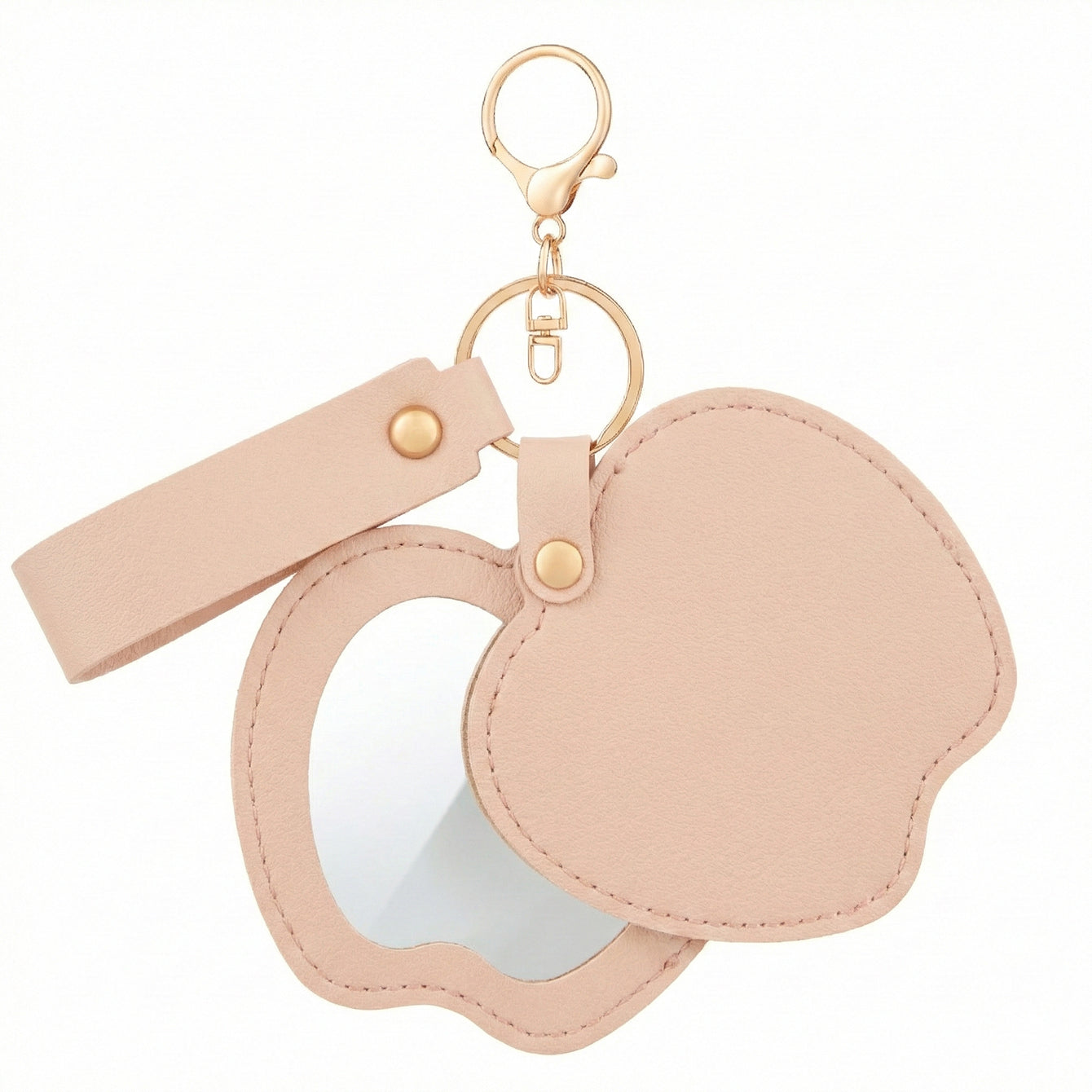 Apple-shaped PU leather compact mirror keychain with double-sided glass and swivel folding design