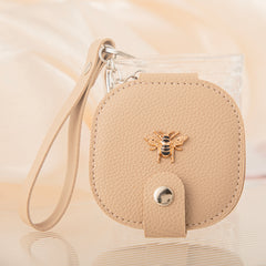 Bee Embellished Leather Compact Mirror Keychain, Round Double-Sided Folding Makeup Mirror with 95% High Reflectivity, Portable Pocket Mirror with Wrist Strap for Purse/Travel, Gift for Women & Girls