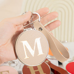 Personalized Initial Leather Compact Mirror, 70mm Round Folding Double-Sided Makeup Mirror with 95% High Reflectivity, Portable Keychain Pocket Mirror for Purse/Travel, Custom Letter Gift for Women Girls