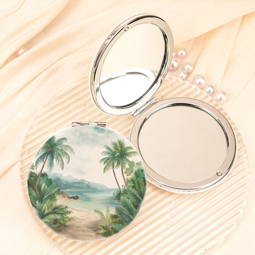 Palm-tree coastal design 1 PU compact mirror with open dual mirrors