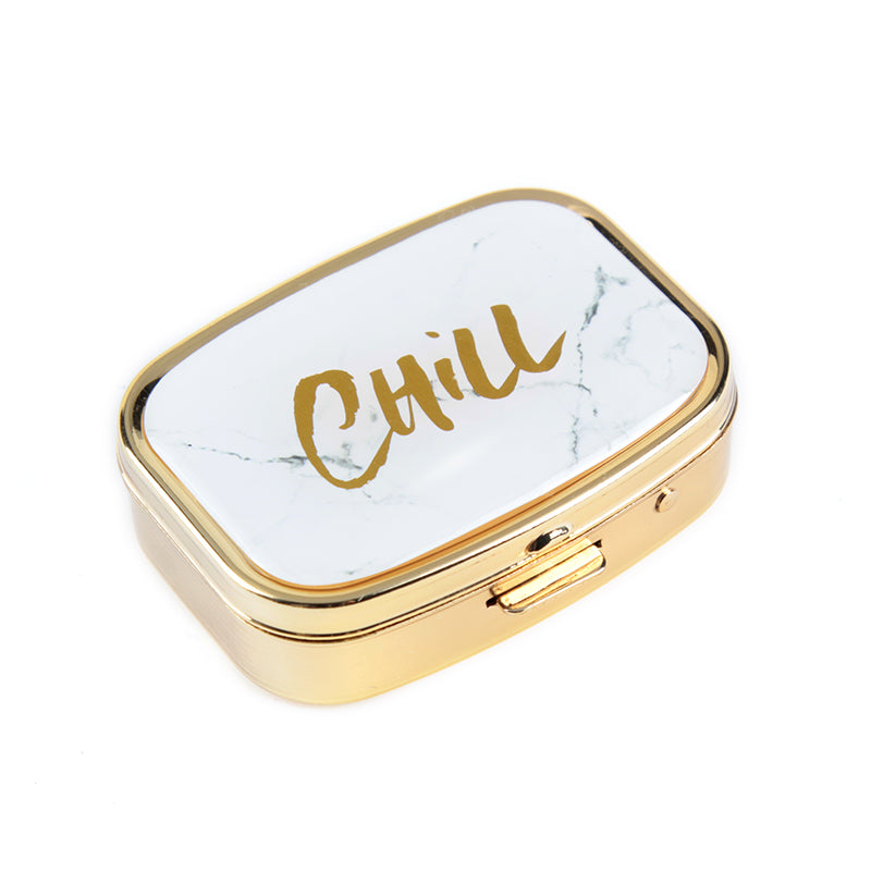 Marble Print Gold Plated Pill Box with Mirror, 2-Compartment Portable Pill Organizer, Eco-Friendly Pill Case with 95% High Reflectivity Mirror for Purse/Travel, Gift for Women & Daily Use