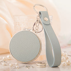 PU Leather Round Compact Mirror Keychain - Cute Shaped Double-Sided Folding Travel Mirror with Plastic Frame - Pocket Purse Charm Vanity Mirror with Wrist Lanyard for Women, Girls & Students🪞✨