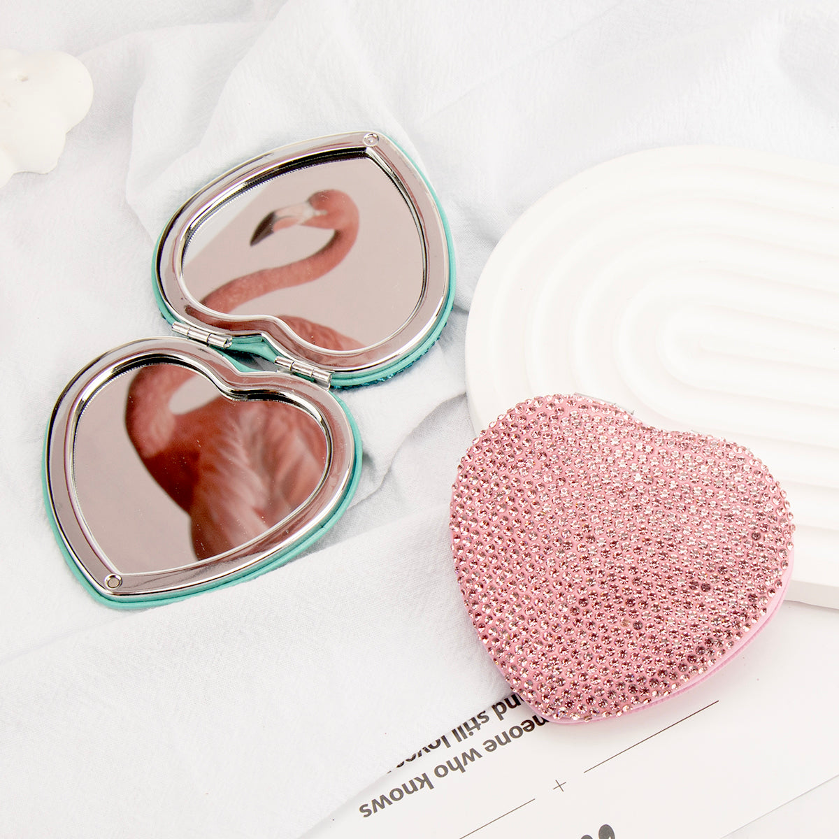 Heart shaped rhinestone compact mirror with dual glass mirrors