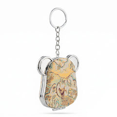 Cute Bear Head Compact Mirror Keychain, Song Brocade Fabric Double-Sided Folding Makeup Mirror with Plastic Frame & Glass Mirror, Portable Purse Mirror for Women Girls Travel Daily Use