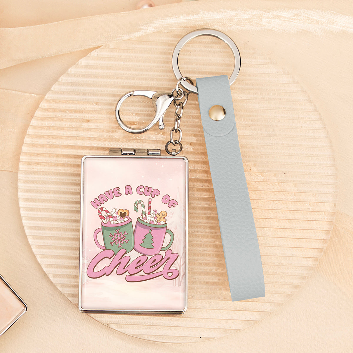 Christmas Keychain Compact Mirror Rectangle PU Leather Folding Pocket Mirror with Wristlet Strap Plastic Frame Cosmetic Mirror