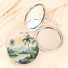 Tropical Beach Palm Tree Compact Mirror Round PU Leather Folding Pocket Mirror Dual Sided Metal Cosmetic Mirror Island Vacation Vanity