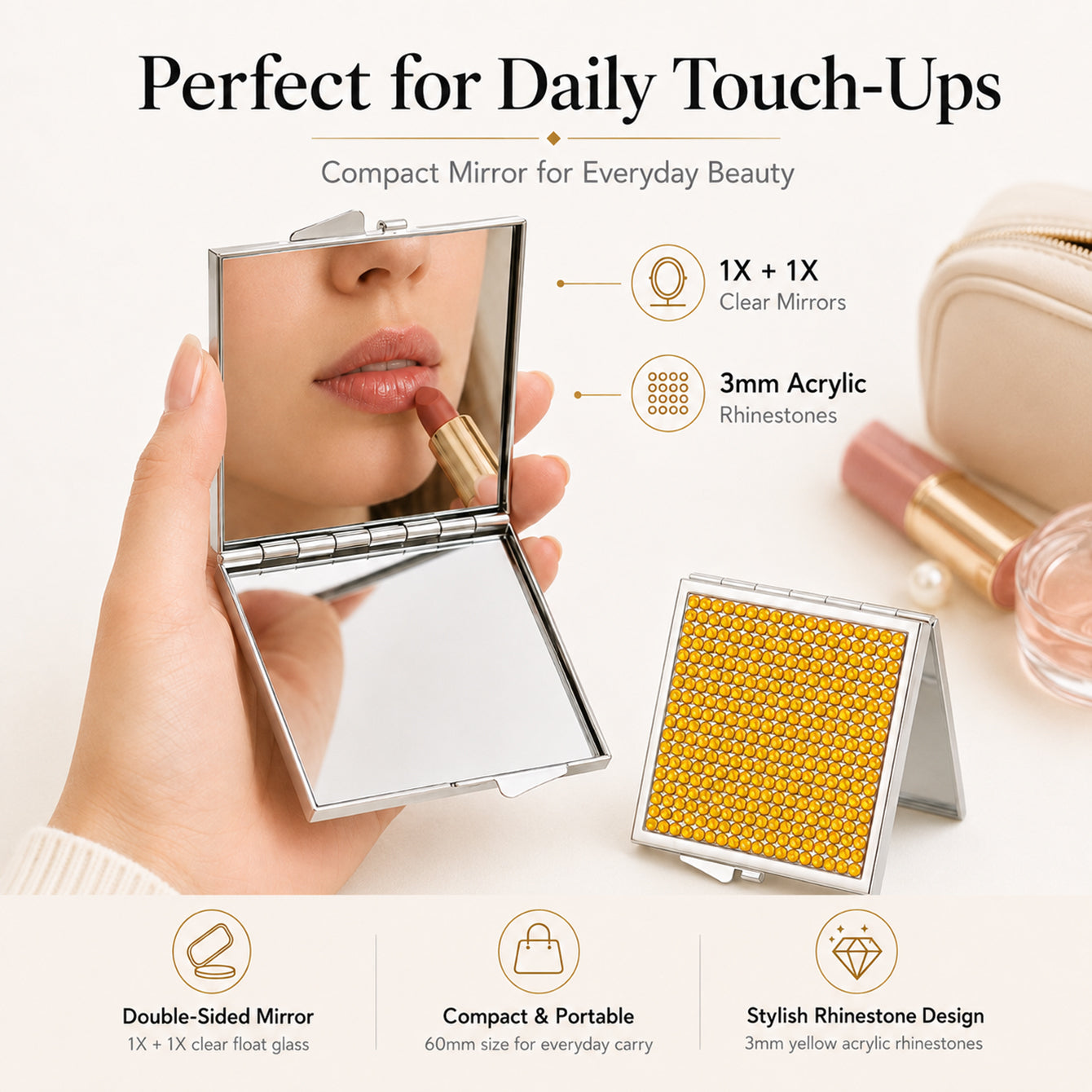 Double-sided compact mirror for everyday makeup touch-ups