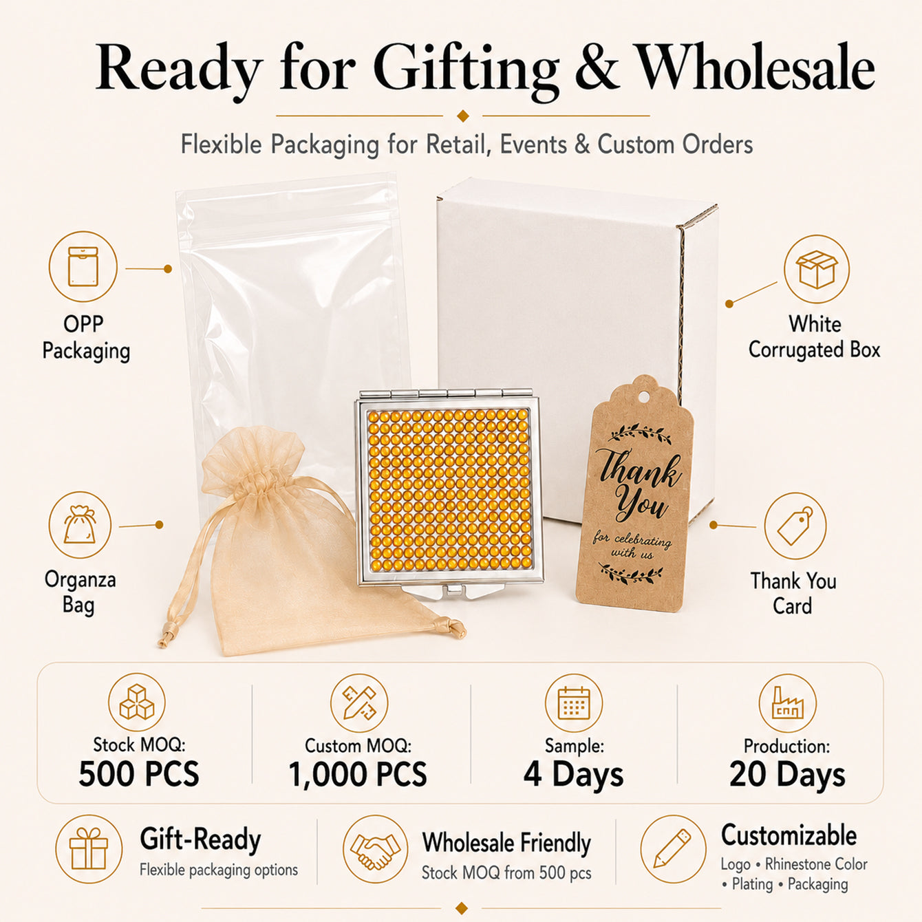 Rhinestone compact mirror packaging options for wholesale orders