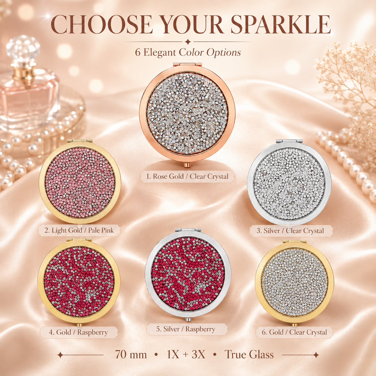 Six color options for 70 mm crystal rhinestone compact mirror