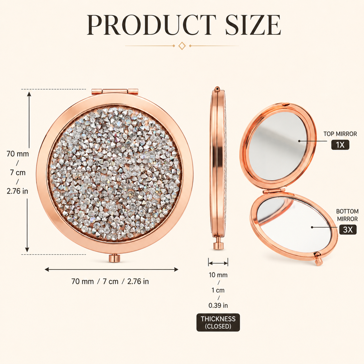 70 mm crystal compact mirror size chart showing 7 cm, 2.76 in diameter and 10 mm, 1 cm, 0.39 in thickness