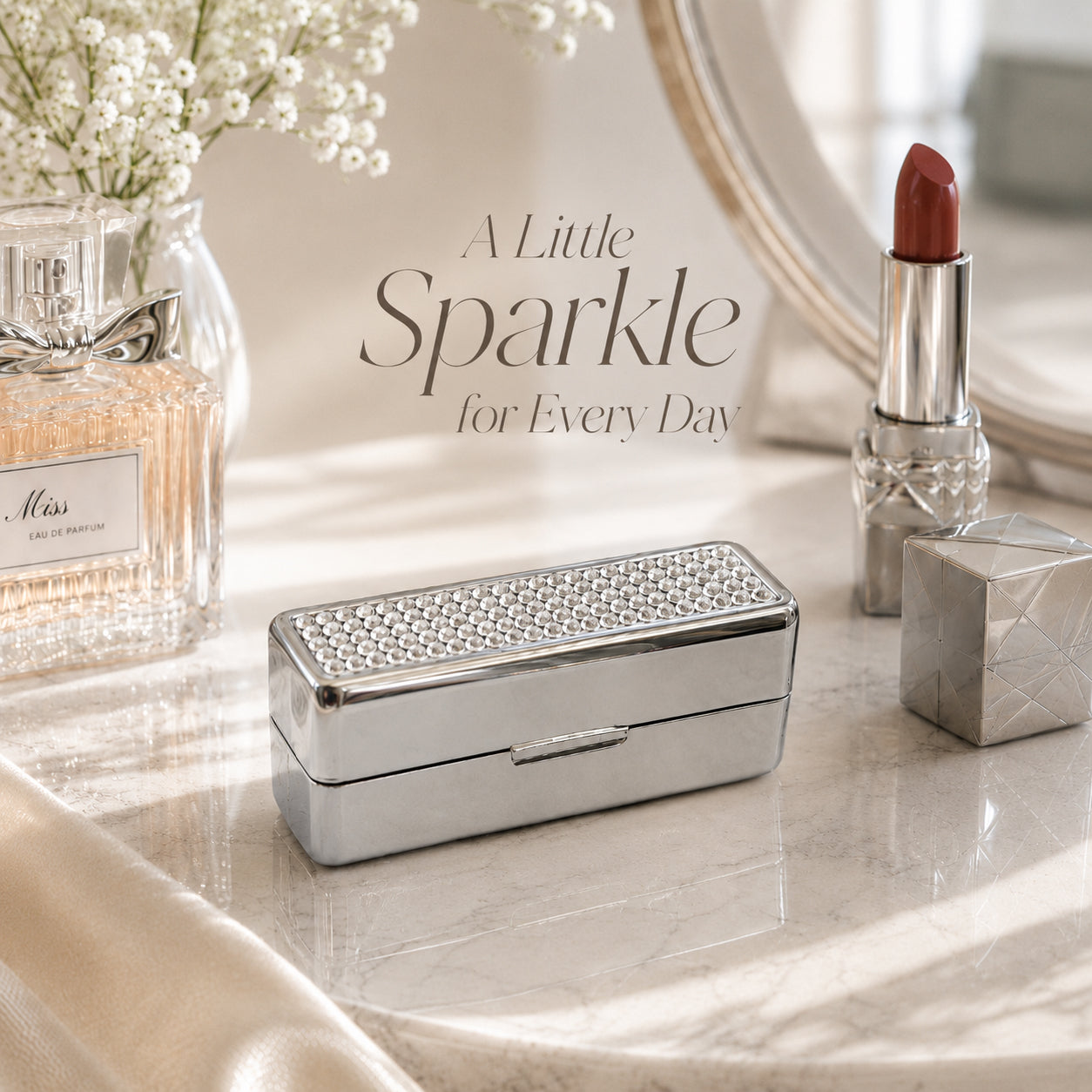 Crystal rhinestone rectangular lipstick case with mirror and chrome-plated metal shell