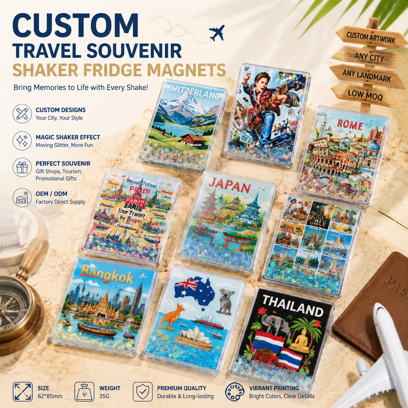 Custom travel souvenir shaker fridge magnets display