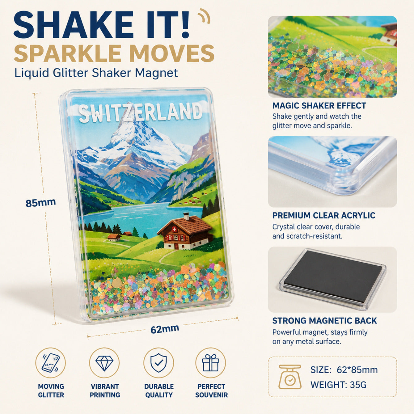 Shaker fridge magnet acrylic glitter and magnetic back details