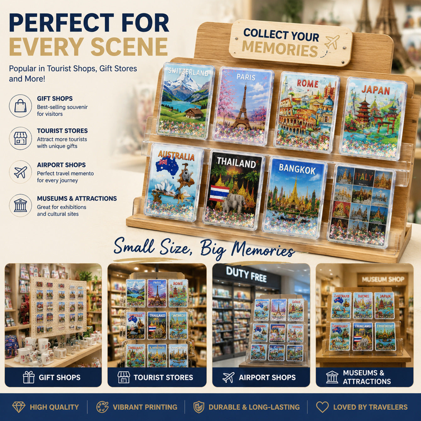 Travel souvenir shaker fridge magnet retail applications