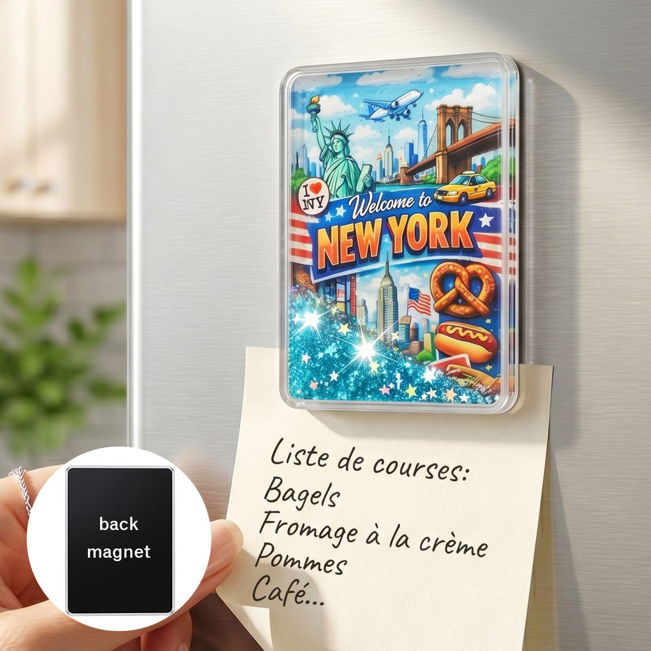 Custom New York liquid glitter shaker fridge magnet 55x75mm