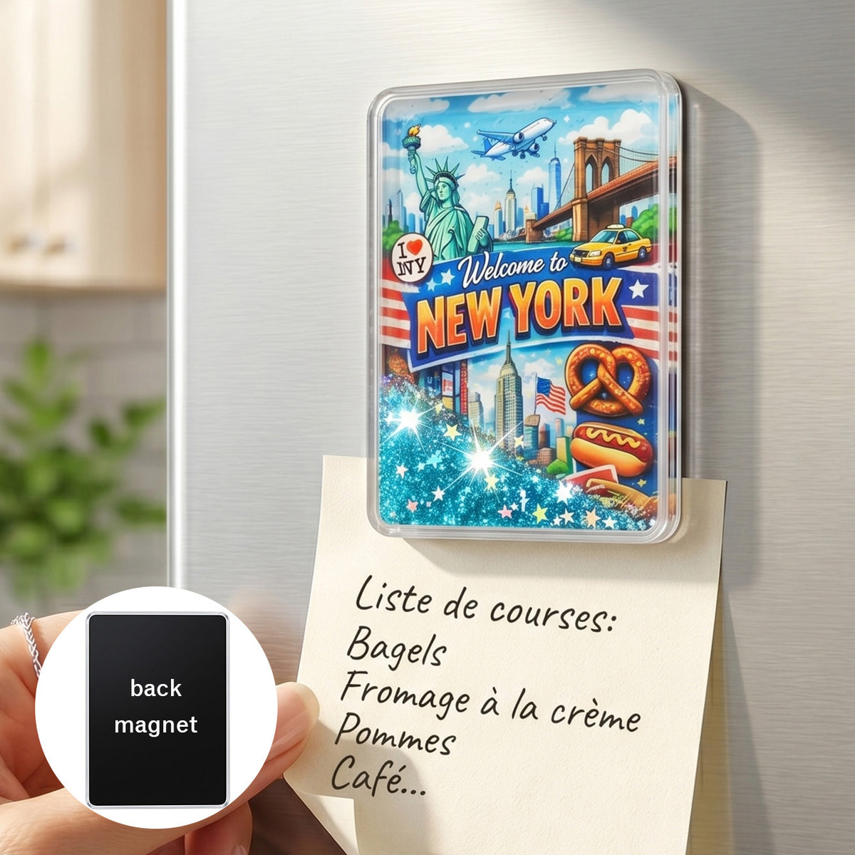 Custom New York liquid glitter shaker fridge magnet 55x75mm