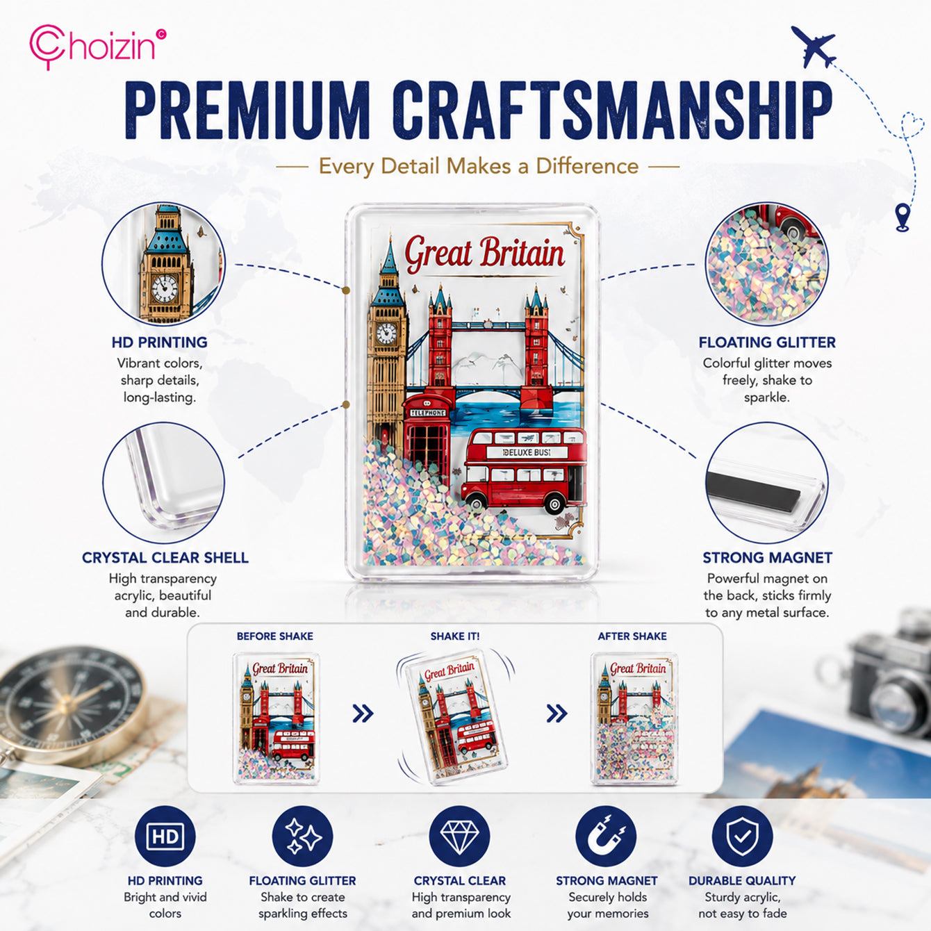 Liquid glitter fridge magnet premium craftsmanship and shaker effect