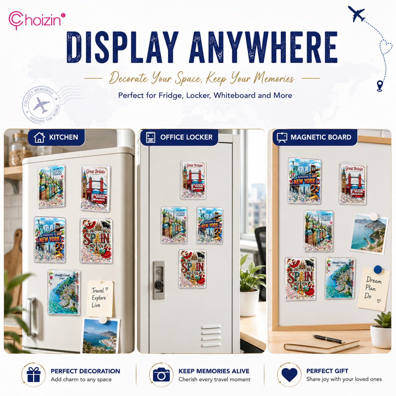 Travel souvenir fridge magnet display applications