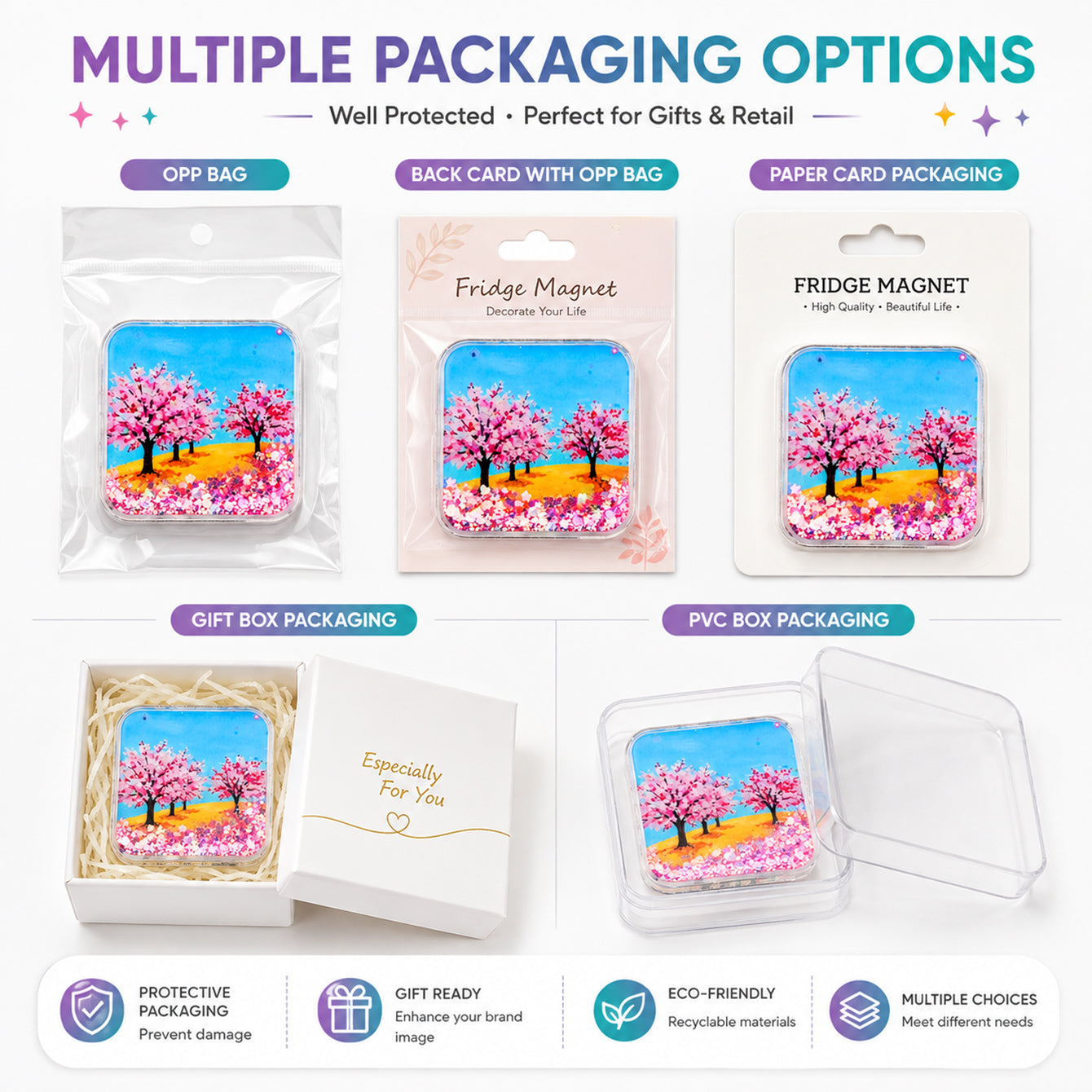 Square liquid glitter fridge magnet packaging options