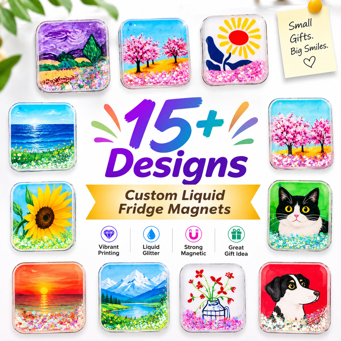 Custom square liquid glitter fridge magnets 15 plus designs