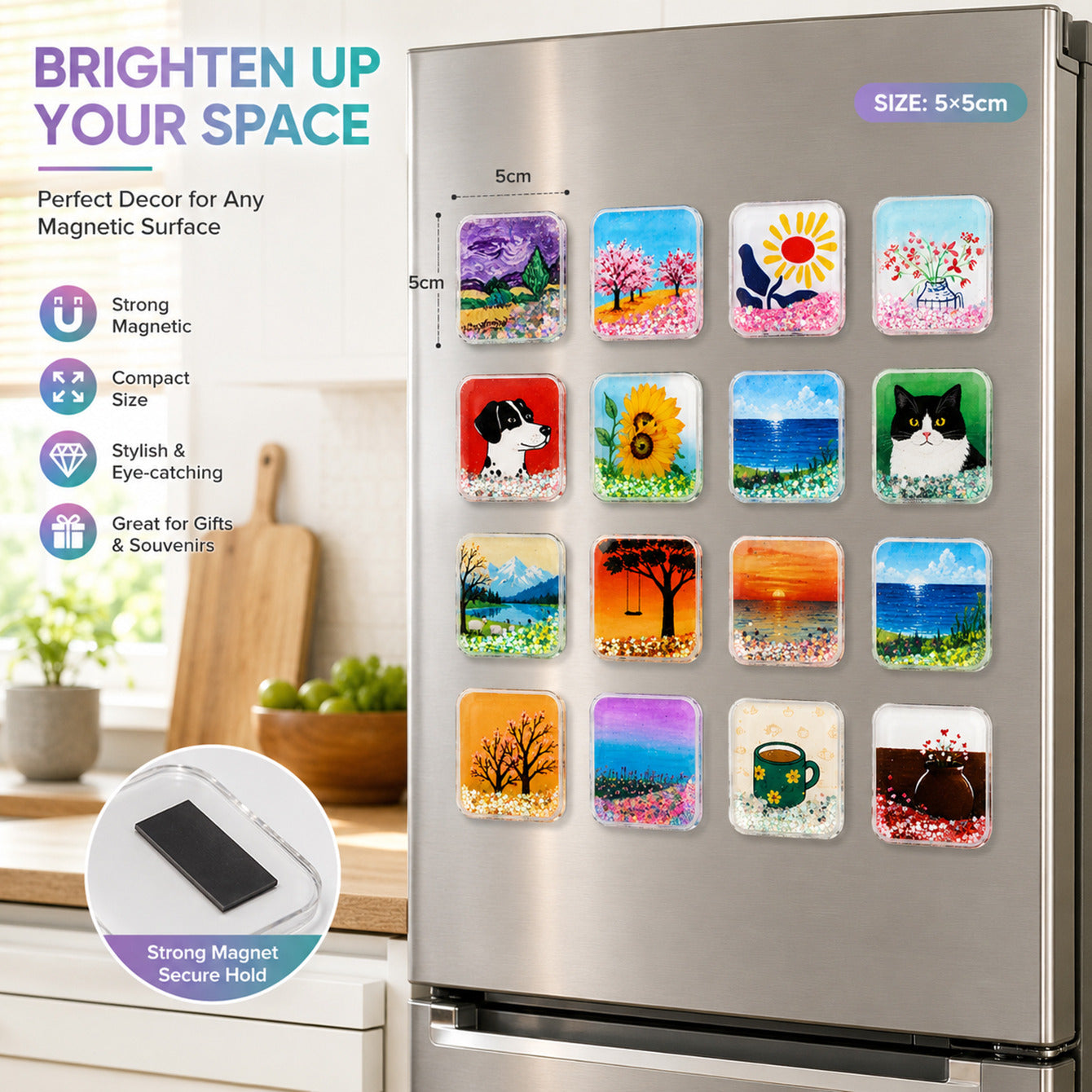 Square liquid glitter fridge magnets 50x50mm display on refrigerator