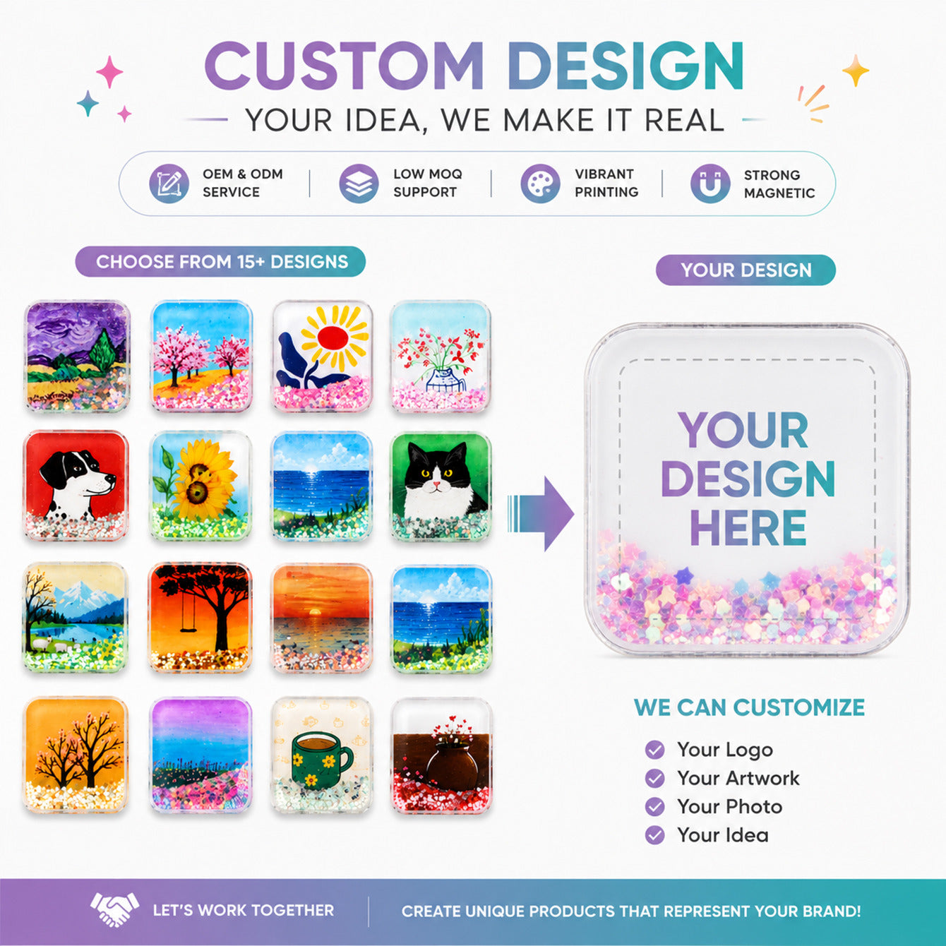 OEM ODM custom square liquid glitter fridge magnet service