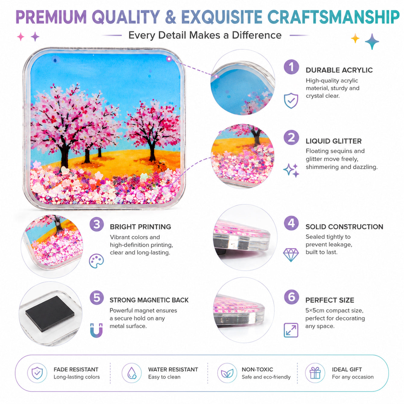 Square liquid glitter fridge magnet premium quality details