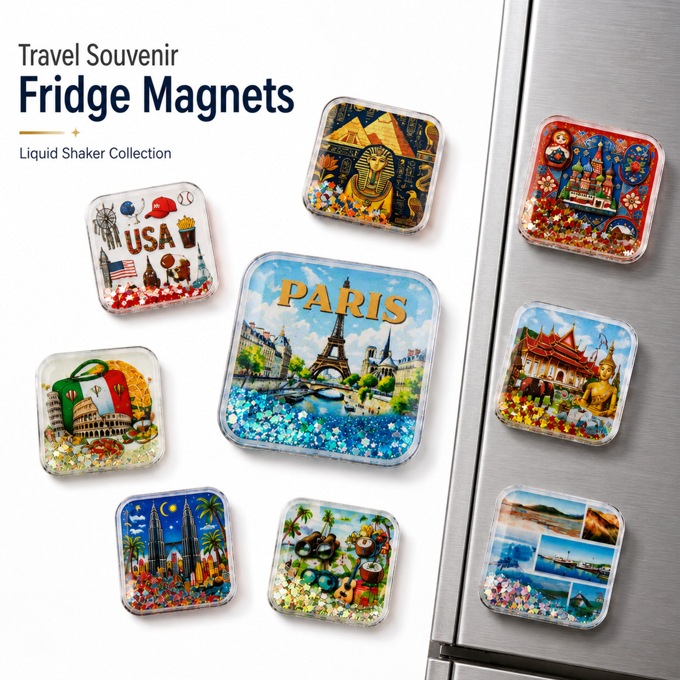 World travel souvenir liquid shaker fridge magnet collection
