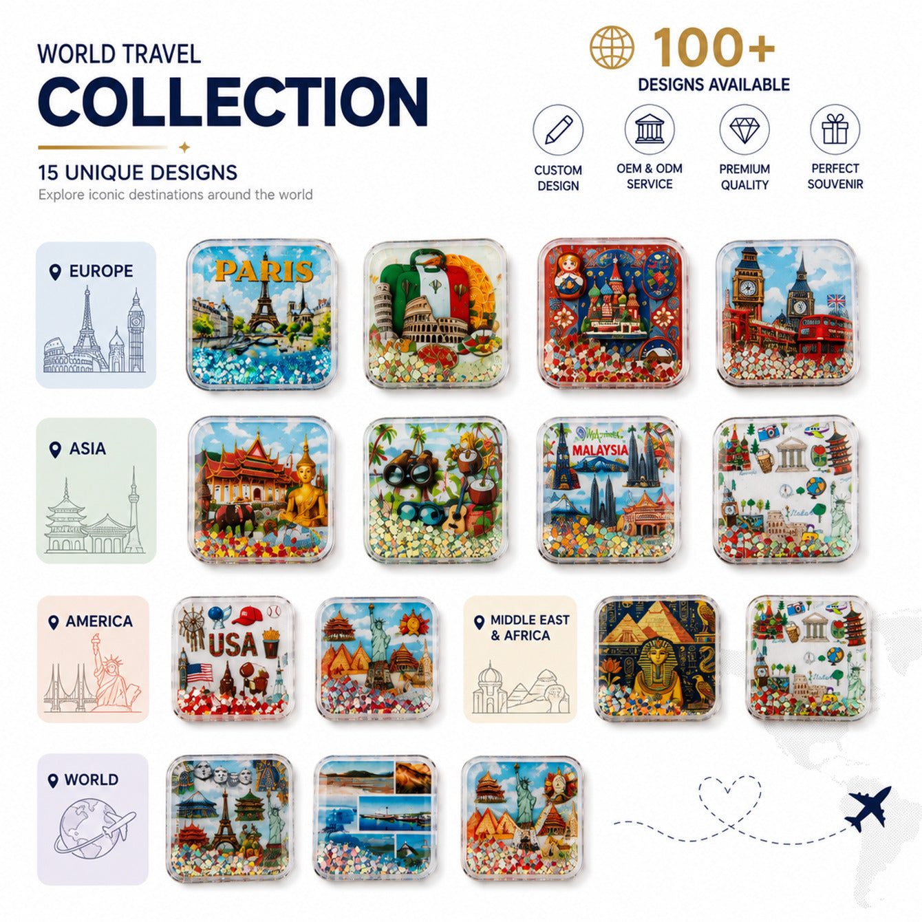 World travel collection liquid glitter fridge magnets