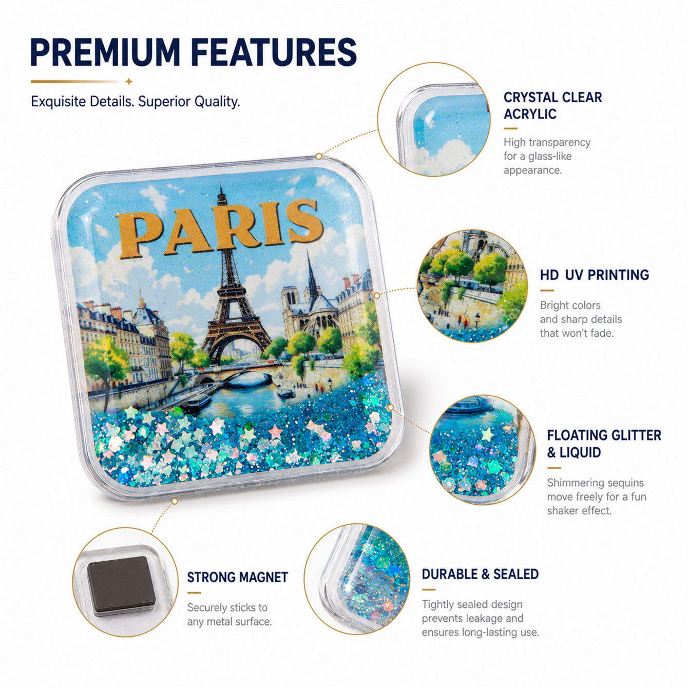 World travel liquid glitter fridge magnet premium features