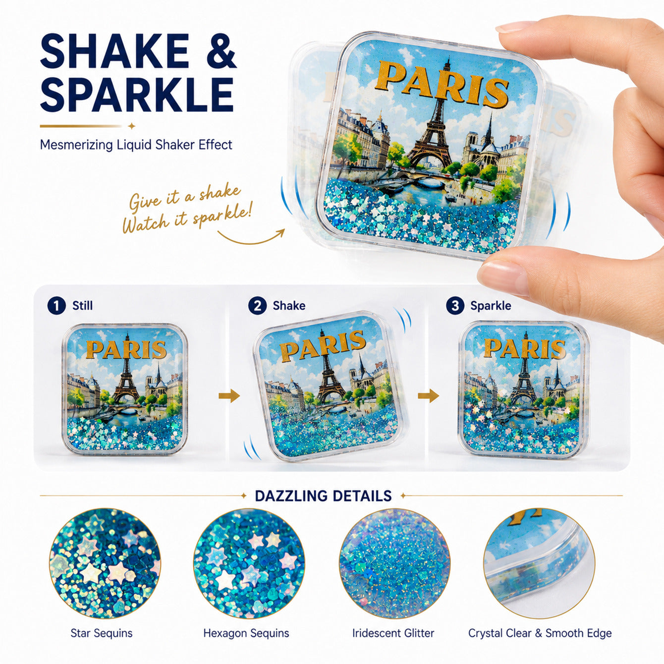 World travel shaker fridge magnet shake and sparkle effect