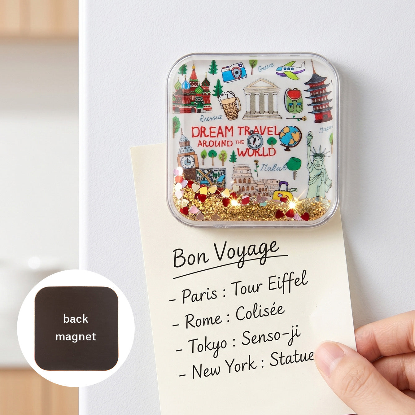 CZ-FM-AC-000048 world travel liquid glitter shaker fridge magnet