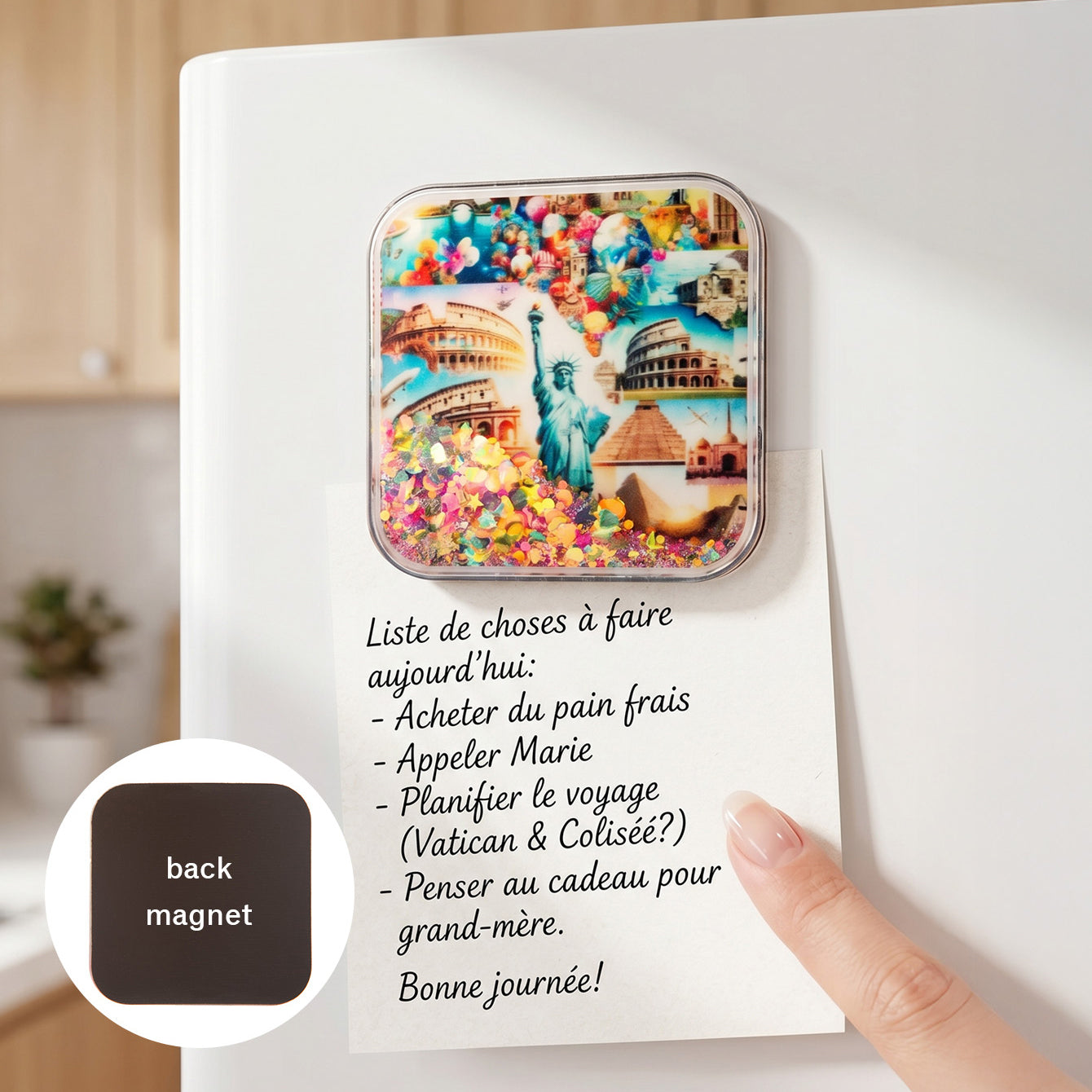 CZ-FM-AC-000056 world travel liquid glitter shaker fridge magnet
